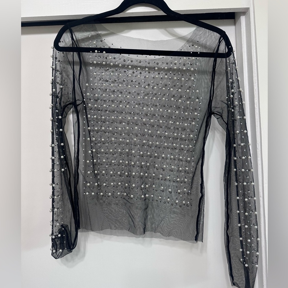 Elegant Black Sheer Pearl-Embellished Top